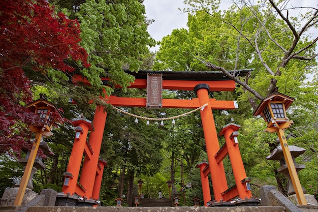 Foto yamanashi, japón - 19 de mayo de 2019: parque arakurayama sengen, ciudad de fujiyoshida, prefectura de yamanashi, japón