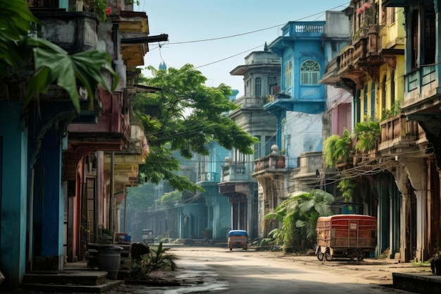 Yangon hiperrealista ciudad vieja pinturas escamosas brotaron verdes calles estrechas