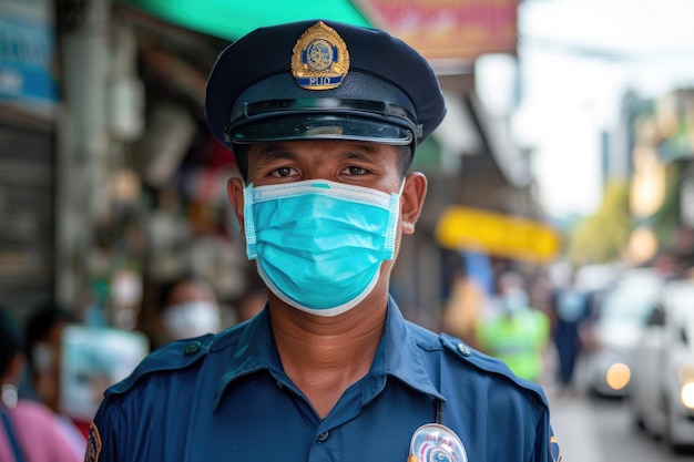 Foto yangon, mianmar, 11 de agosto de 2020 um policial de mianmar usando máscara de rosto em meio à pandemia