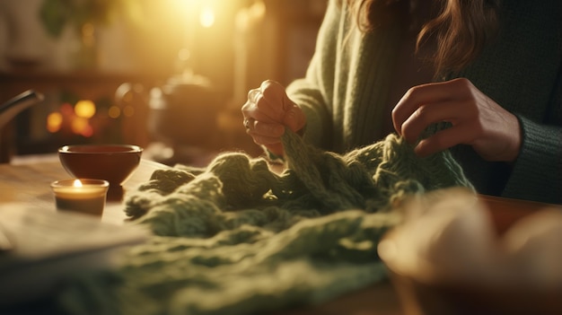 Yarn Crafting Bliss Woman criando um lenço de inverno caseiro