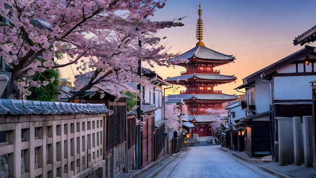 Yasaka-Pagode und Sannen-Zaka-Straße mit Kirschblüten am Morgen in Kyoto, Japan