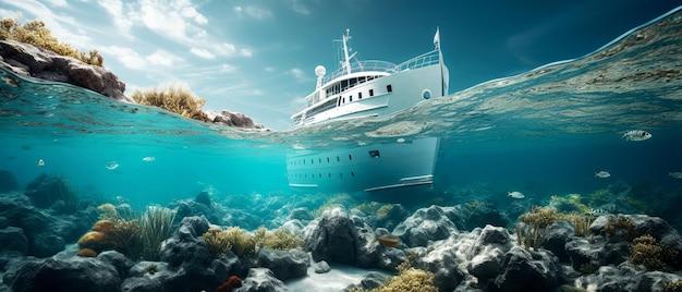 Yate de lujo o barco a motor en el mar Vista panorámica del paisaje marítimo