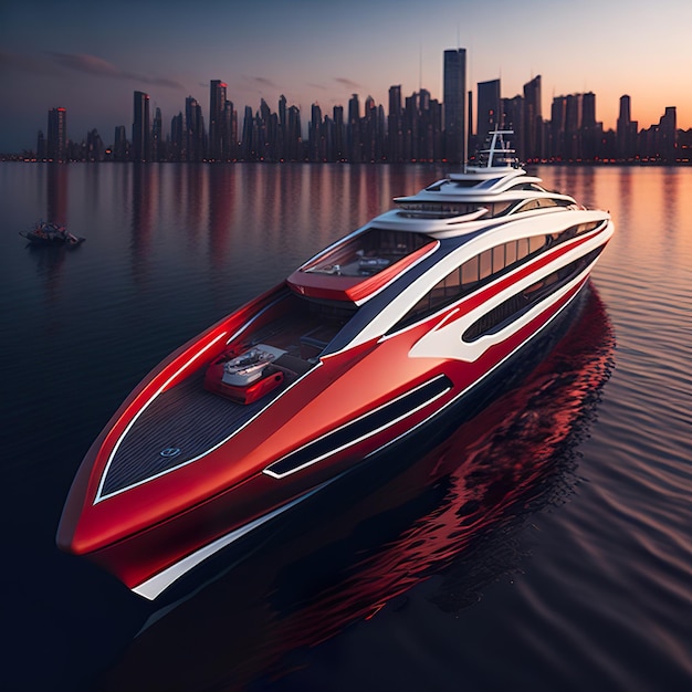 Foto yate de lujo súper rojo y blanco con diseño moderno en el océano con puesta de sol