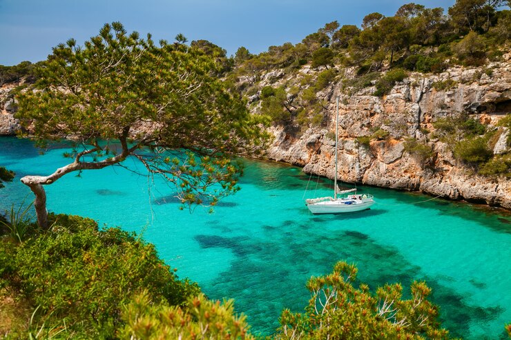 El yate en el mar azul en el pueblo de Cala Pi