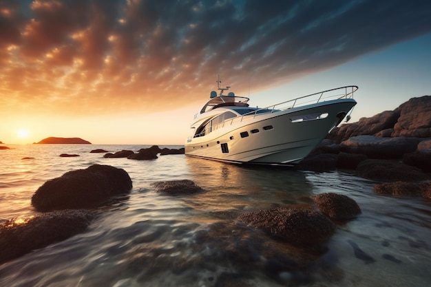 Yate en el mar y rocas al atardecer photo