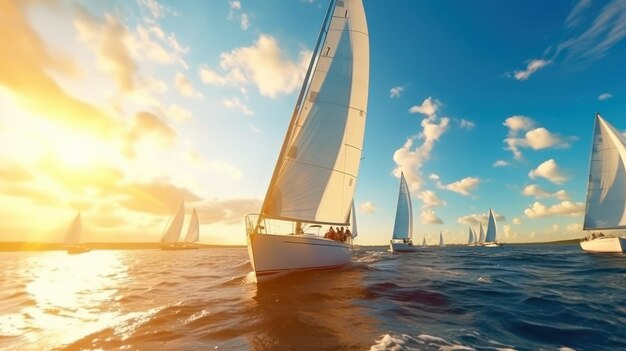 Yate navegando por el mar con vista al atardecer.