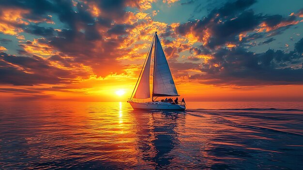 Un yate navegando hacia la puesta de sol que representa el último estilo de vida de libertad financiera