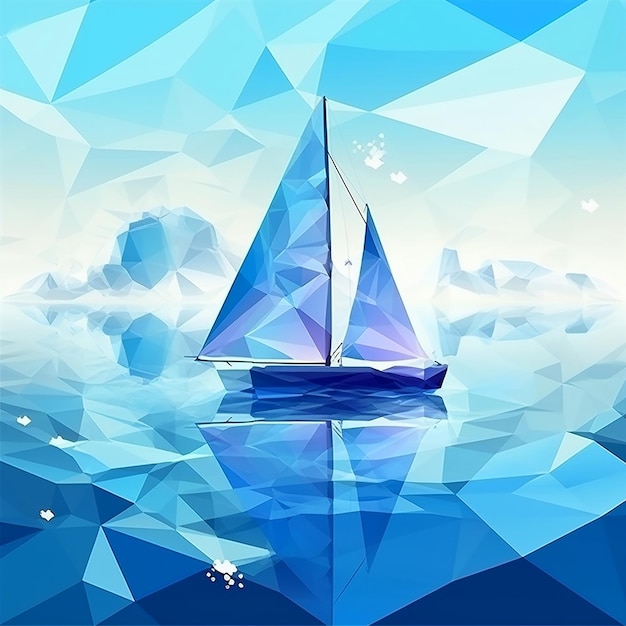 Yate de velero de mar con velas blancas olas azules espuma blanca cielo azul hermoso paisaje marino poligonal