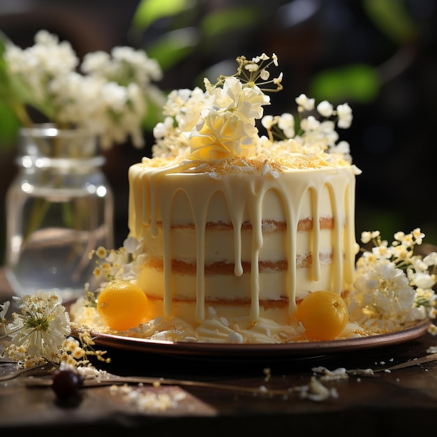 Yeami Foodfotografie Asphodelkuchen Elfenbein Pastellgelb Ai generierte Kunst