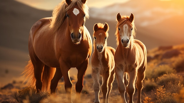 Yegua de caballo salvaje y su lindo potro