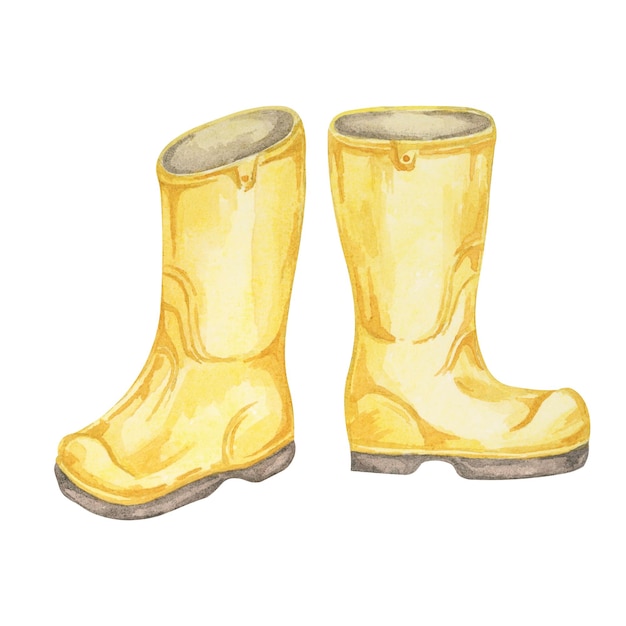 Yellow rubber boots Gardening shoes farmer footwear for spring or autumn Watercolor clipart perfect for garden designs