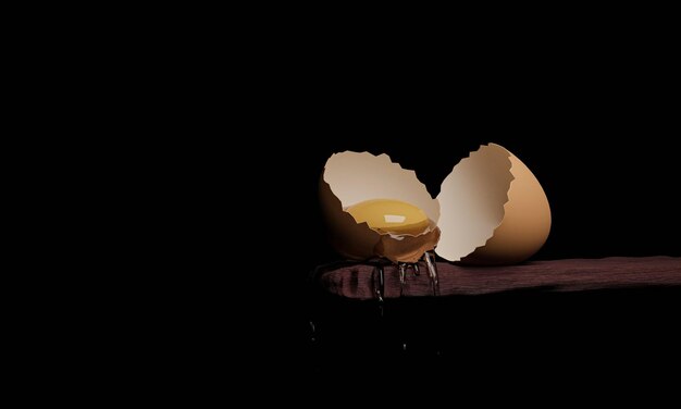 La yema de un huevo en una cáscara de huevo agrietada en una mesa de madera aislada con fondo negro 3D