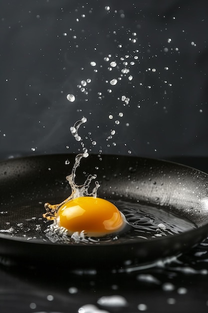 yema de huevo cruda que cae en la sartén aislada en negro