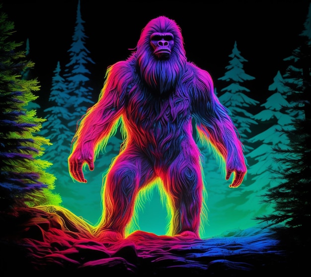 un yeti de color brillantemente iluminado parado en el bosque ai generativo