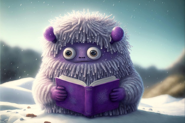 Yeti lila süßes Monster liest Bücher im Schnee generative ai