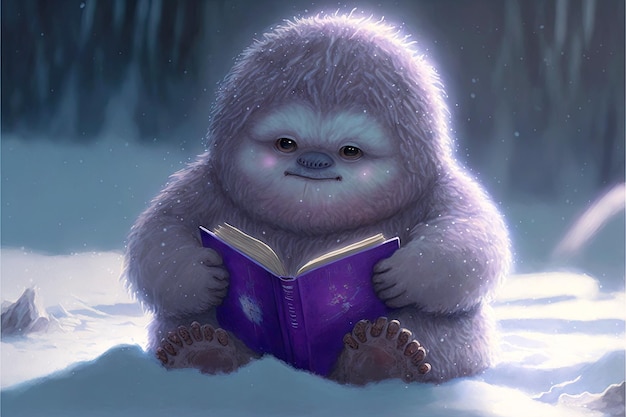 Yeti monstro fofo roxo lê livros em neve generativa ai