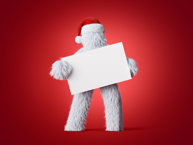 Yeti peludo branco com chapéu de Natal segurando cartão em branco