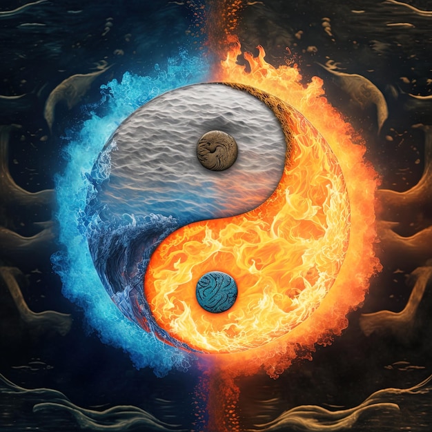 Yin e Yang feitos de fogo e água. símbolo de harmonia
