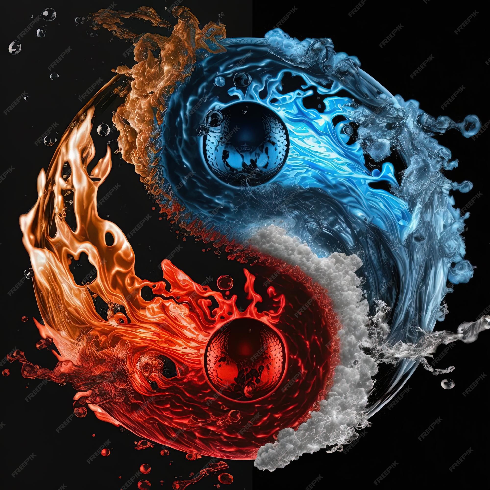 Yin e yang feitos de fogo e água. símbolo de harmonia