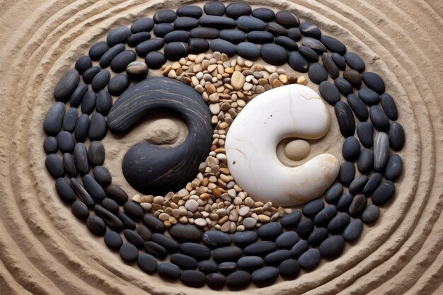 Foto yin- und yang-symbol, erstellt mit steinen im zen-garten, erstellt mit generativer ki