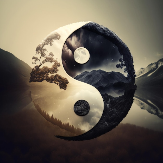 Yin yang con un árbol y una luna en el medio ai generativo