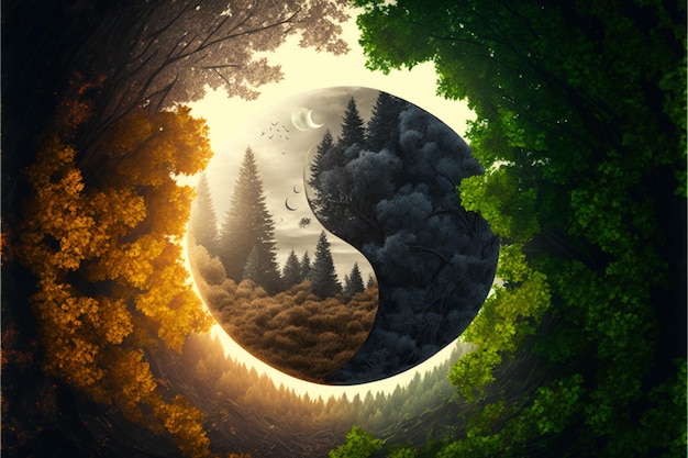 Yin yang con bosque caducifolio con sol y bosque de coníferas con luna