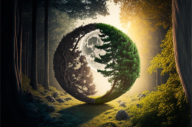 Yin yang com floresta decídua com sol e floresta de coníferas com lua