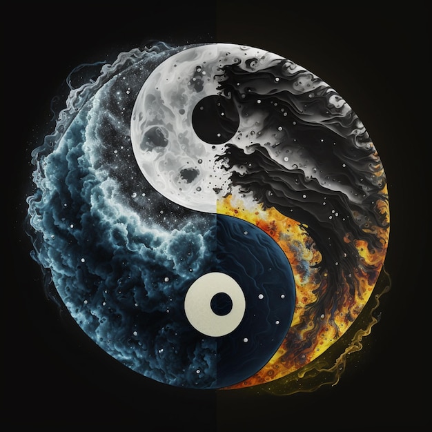 yin y yang con fondo negro y fondo amarillo y azul ai generativo