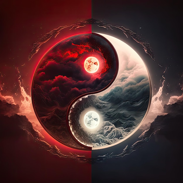 Foto yin-yang-harmonie-symbol aus natürlichen elementen feuerwasser ying yang abstrakte generative ki-illustration