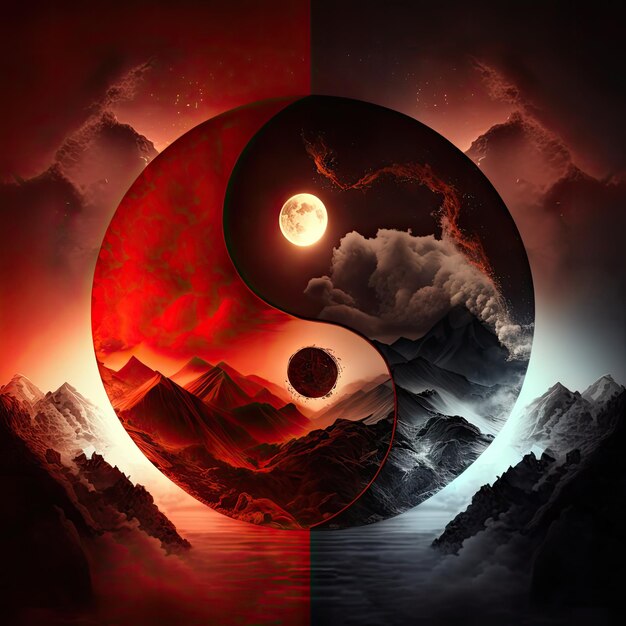 Foto yin-yang-harmonie-symbol aus natürlichen elementen feuerwasser ying yang abstrakte generative ki-illustration