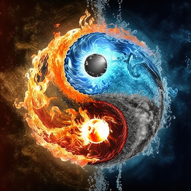 Yin y Yang hechos de fuego y agua. símbolo de armonía