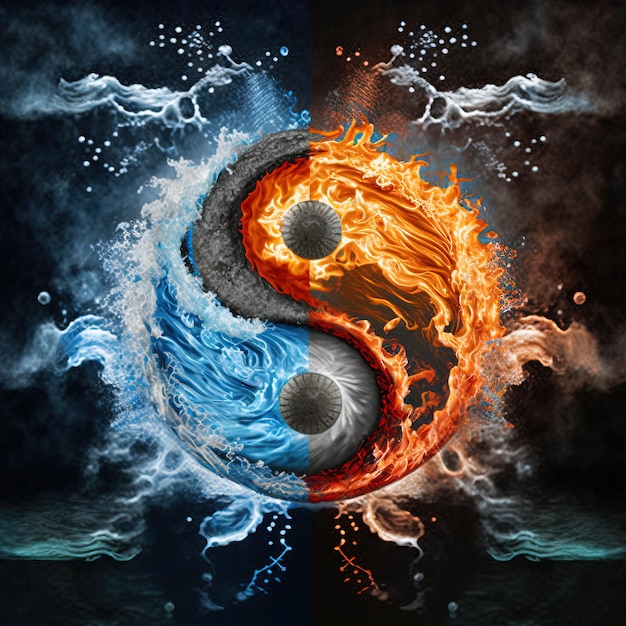 Yin y Yang hechos de fuego y agua. símbolo de armonía