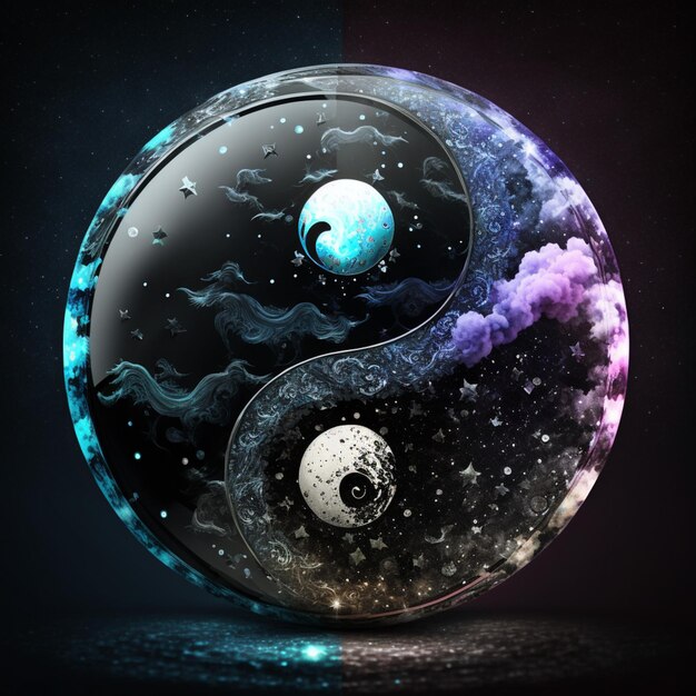 Foto yin yang con una luna llena y una luna llena en el fondo generativo ai