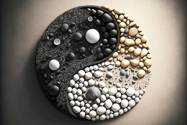 Yinyang-Symbol aus weißen, beige und schwarzen Steinen