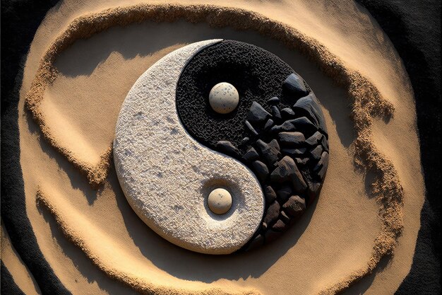 Yinyang-Symbol liegt auf Sand mit zwei weißen Punkten