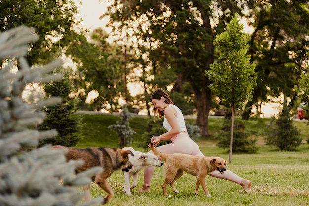 Yoga al aire libre al amanecer en un parque público Joven mujer atractiva practicando yoga estirando en ejercicio Utan Prishthasana pose de lagarto vista lateral perros interfieren con su entrenamiento