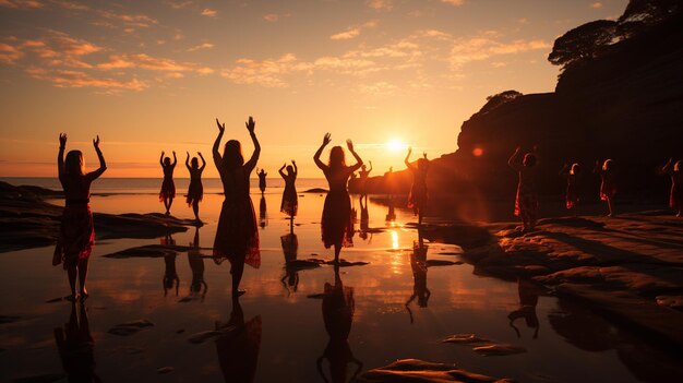 Yoga ao nascer do sol na praia
