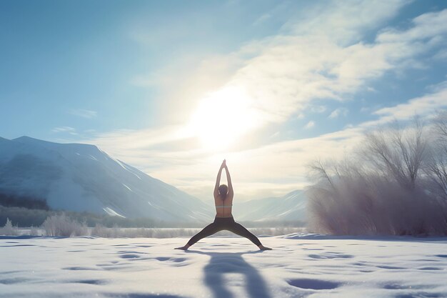 Yoga ao nascer do sol na serena paisagem de neve