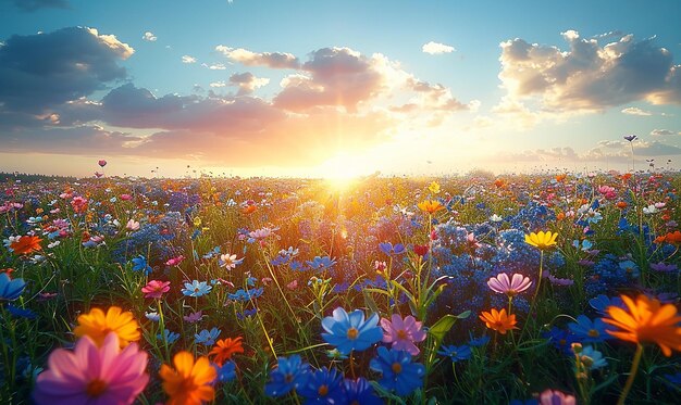 Yoga auf dem Feld der Wildblumen beim Sonnenuntergang