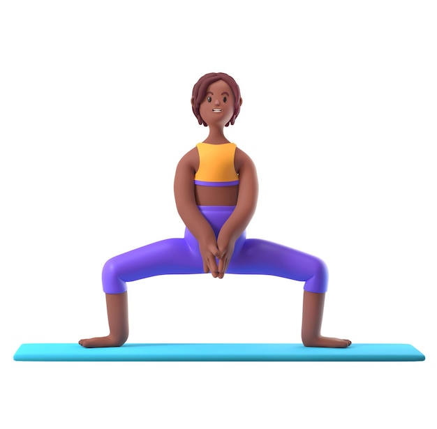 Foto yoga dunkelhäutiges mädchen in stehender position auf weißem hintergrund cartoon weibliche 3d-figur