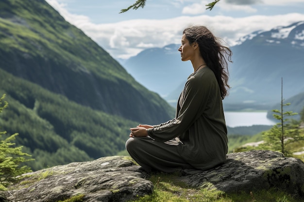 Yoga-Frau isoliert im Berg