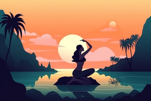 Yoga Frau meditiert Meer Rücken Person Entspannung Meditation Lotus Übung Ozean Generative KI