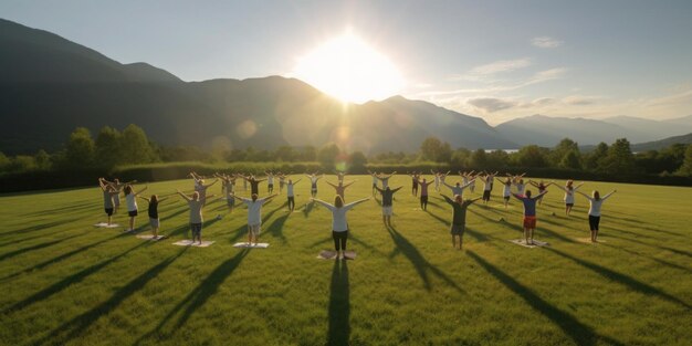 Yoga in den Bergen bei Sonnenuntergang