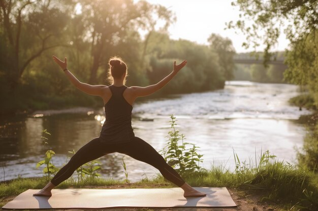 Yoga-Instruktor demonstriert Asana auf einer Matte in der Nähe des Flusses