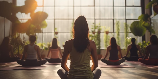 Yoga-Kurs im Yoga-Studio mit natürlichem Licht, Selbstfürsorge-Konzept für die psychische Gesundheit