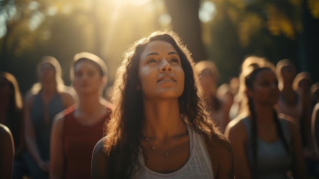 Yoga-Kurse, Atemübungen im Park, schöne, fitte Freunde, die atmen.