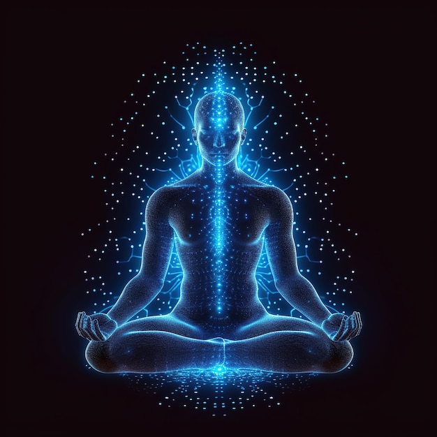 yoga lotus pose linhas de conexão neural azuis e pontos brilhantes binário