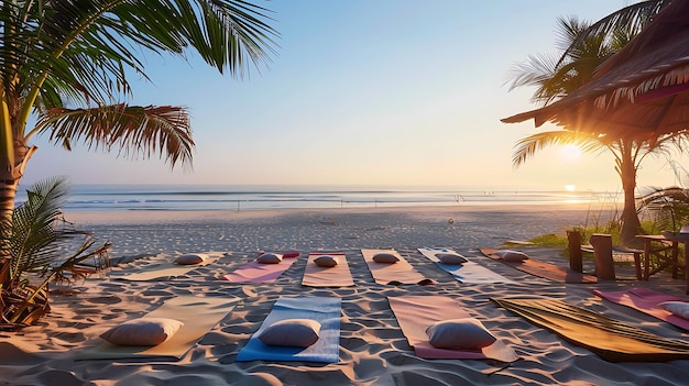 Yoga-Matten und Kissen am Strand bei Sonnenaufgang der perfekte Ort, um sich zu entspannen und die Schönheit der Natur zu genießen