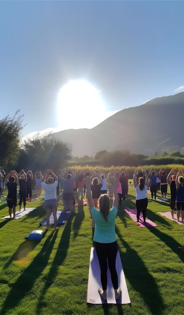 Yoga no gramado ao pôr do sol