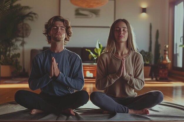 Yoga-Paar sitzt mit den Händen und entspannt sich auf dem Lotusfeld auf dem Boden im Studio.